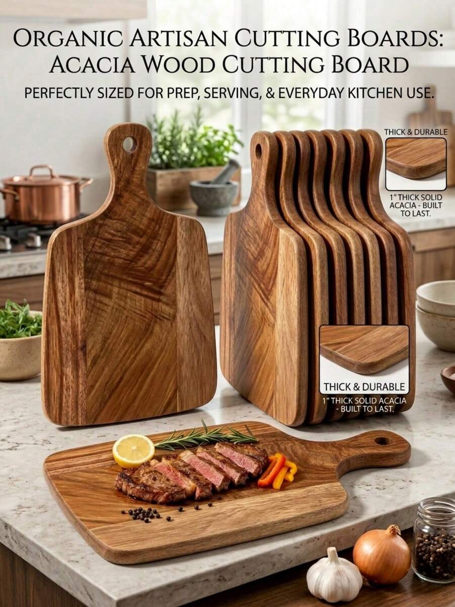 Acacia Wood Cutting Board With Handle, Easy To Clean Multi-Functional Food Tray, Suitable For Steak, Bread, Fruit, Cheese And Vegetables, Perfect For Home Kitchen, Picnic And Daily Breakfast Preparation