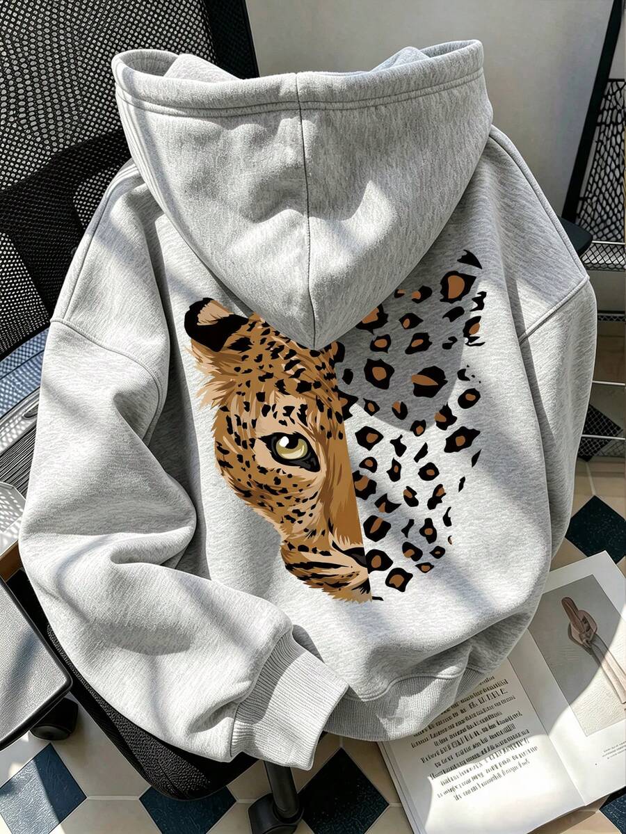 Women's Hooded Sweatshirt, New Autumn/Winter Leopard Print & Leopard Pattern Graphic, Drawstring Design, With Pockets, Casual Versatile Loose Fit Top, Fashion Daily Wear - Dark Gray - View 1