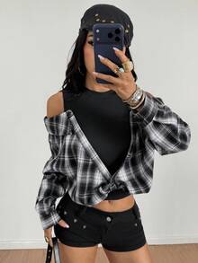 Women's Elegant Fashion Casual Striped Patchwork 2-In-1 Versatile Cold Shoulder Long Sleeve Cuffed Design Minimalist Daily Top Solid Color Striped Woven Fabric Button 2-In-1/Deconstructed Style Vacation Daily Commute Office Home Tea Party Spring Autumn Winter - Black - View 4