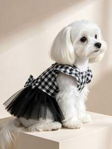 1 Set Cute Fashion Plaid Print Pet Dress With Bow Tie, Elastic Tulle Princess Wedding Gown For Dogs And Cats - Multicolor - View 5