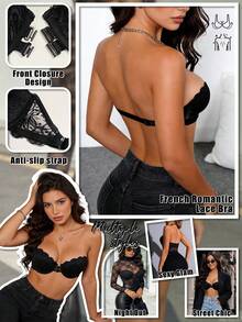 Women's Front-Clasp Lace Bandeau Bra, Floral Push-Up Underwire Strapless Bra, Non-Slip Invisible Backless Bra, Suitable For Dresses And Weddings - Black - View 2