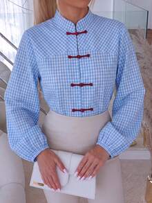 PoPoHouse Fall Winte Women's New‑Chinese Frog Button Gingham Shirt, Stand Collar Lantern Sleeve Loose Elegant Commuter Open Front Top - Light Blue - View 6