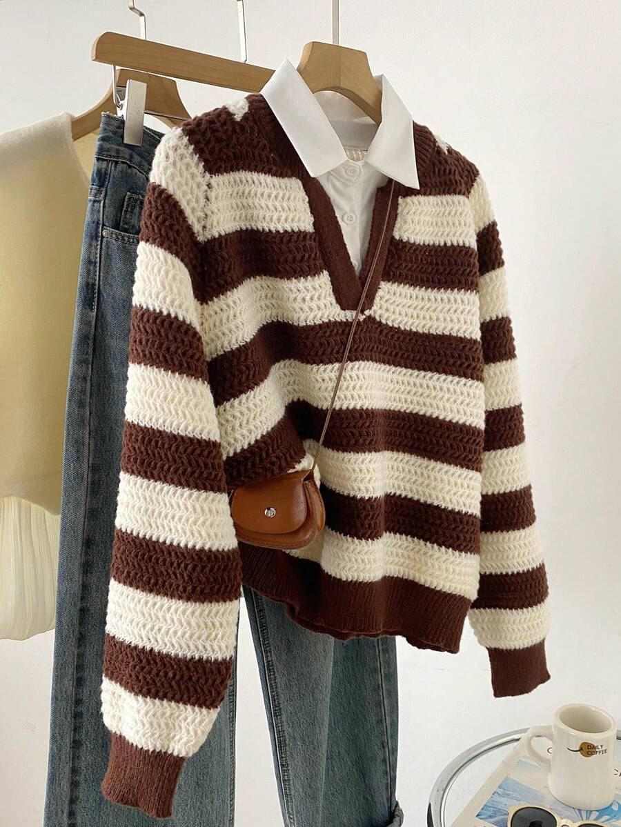 Women's Preppy Striped V-Neck Pullover Sweater, Long Sleeve Casual Wool Knit Top, Perfect Choice For Autumn Outfit - Coffee Brown - View 1