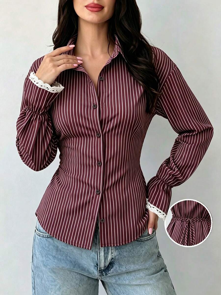 Women's Autumn Striped Collared Button-Front Shirt, Lace Cuffs Lantern Long Sleeve Tie Waist Slim Fit Blouse, Suitable For Daily Commute And Outings