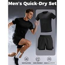 2-Piece Set Men's Compression Short Sleeve + Sports Shorts Quick-Dry Tight-Fit T-Shirt And Quick-Dry Shorts, Suitable For Running, Walking - Black - View 7