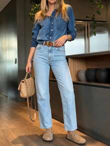 Celana Kasual Denim Biru Muda Slim Fit Minimalis Bergaya Eropa dan Amerika untuk Musim Semi/Gugur - Biru muda - View 2
