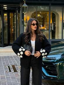 Autumn/Winter New Lazy Style Open Front Loose Fit Dropped Shoulder Long Sleeve Sweater With Handmade Crochet 3D Floral Decor, All-Match Casual Versatile For Holidays And Commuting, Women's - Black - View 5