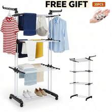 Foldable 4 Tier Clothes Airer With 20 PcsPortable Laundry Hooks Indoor Outdoor - Blue - View 13