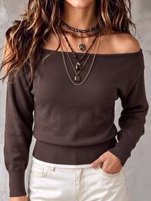 Live To Mo Women's Brown Cold Shoulder Knit Top, Long Sleeve Slim Fit Sweater, Elegant Outfit Suitable For Autumn Business, Back To School, Dating - Brown - View 3