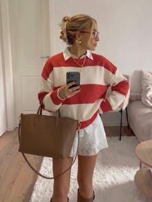 Atasan Sweater Wanita Kasual Musim Gugur/Dingin Motif Garis-garis Putih & Merah dengan Leher Bulat untuk Padu Padan Pakaian - Merah - View 3