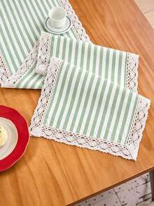 1/16PCS Vintage Minimalist Green & White Striped Lace Table Runner, Reusable Long Tablecloth For Coffee Table, Cabinet, Outdoor Holiday Decor, Suitable For Living Room, Dining Room, Holiday Party, Family Gathering, Wedding Banquet, Birthday Table Decoration - Green - View 9