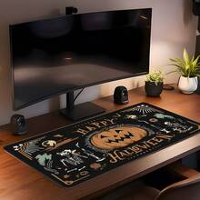 Vintage Halloween Oversized Mouse Pad, Black Background Pumpkin Skull Ghost Witch Print, Stitched Edge Soft Fabric Keyboard Desk Mat, Non-Slip Rubber Base, Gaming Office Desktop Decor Gift - View 4