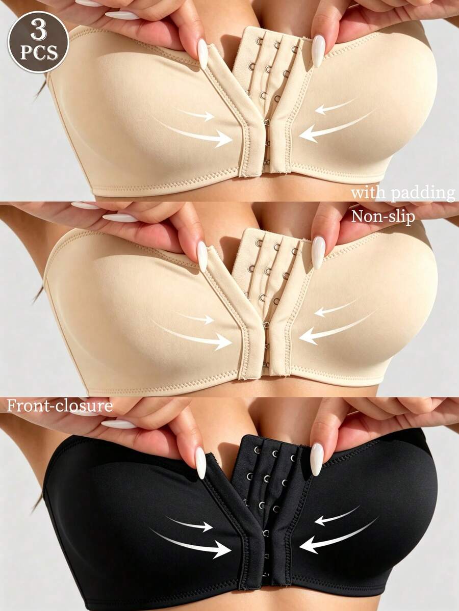3件組女款無肩帶抹胸內衣，無鋼圈聚攏胸型，防滑前扣式舒適休閒日常穿著抹胸內衣