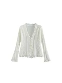 Women's White Hollow Mohair Cover Up, Old Money Style, Lazy Autumn/Winter High-End Fitted Sweater Jacket - White - View 4