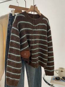 Women's Round Neck Striped Fuzzy Knit Cardigan, Long Sleeve Button Front Casual Short Sweater Jacket, Suitable For Autumn/Winter Daily Wear - Coffee Brown - View 5
