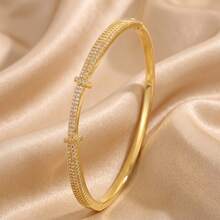 4/1pcsSweet Luxury Gold‑Tone Stainless Steel Bangle Set, Radiate Your Understated Elegance - Gold - View 13