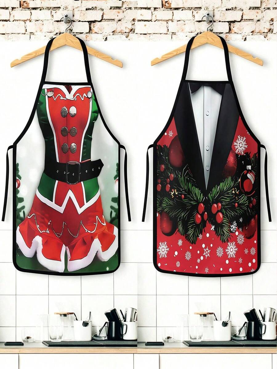 2Pcs Christmas Couple Aprons Set, Funny Santa Helper Elf Costume & Tuxedo Suit Print Kitchen Apron, Waterproof Adjustable Bib Apron For Baking Cooking Grilling, Xmas Holiday Party Decor Gift - Multicolor - View 1