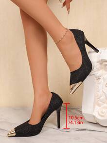 Elegant Women's High Heels, Glamorous Shiny Upper, Gold Pointed Toe Stiletto Pumps, Suitable For Weddings, Banquets, Parties - Black - View 2