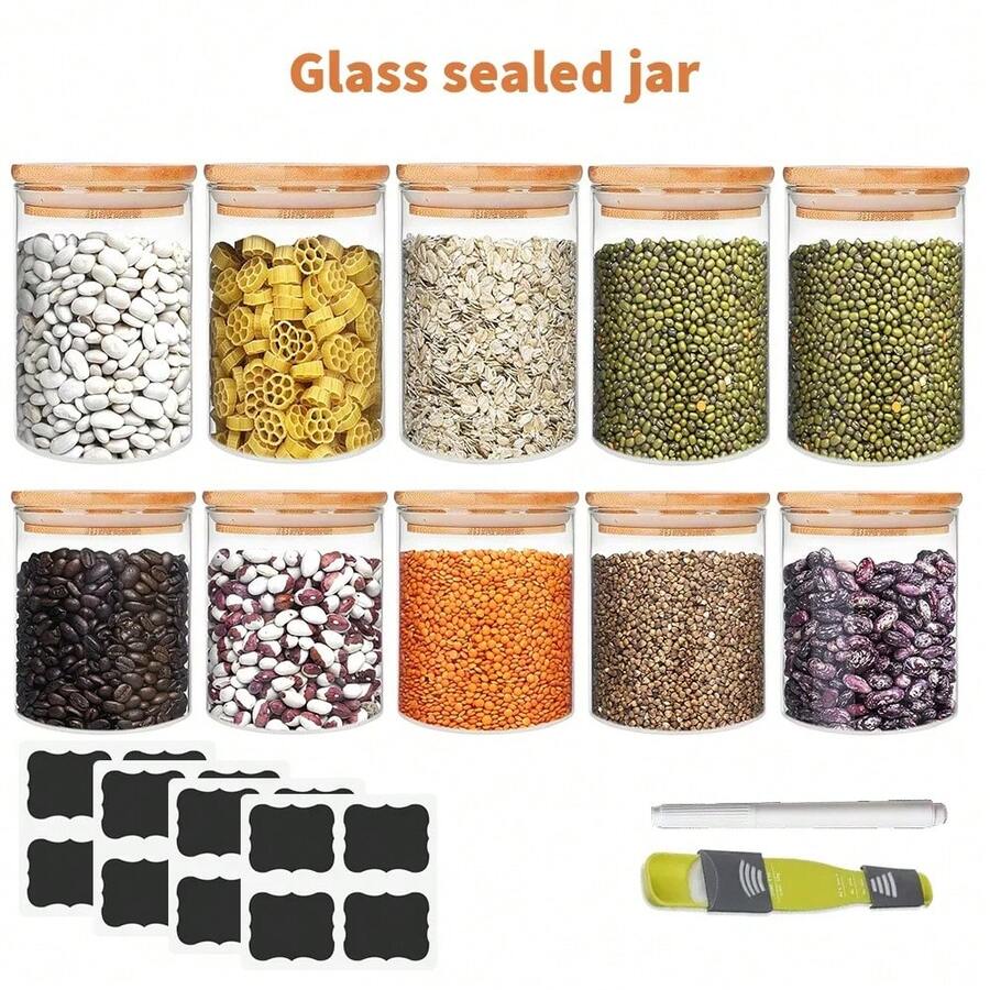 10-teiliges Glas-Vorratsdosen-Set mit Holzdeckel, luftdichte Behälter, 5x 250ml + 5x 350ml für Tee, Kaffee, Zucker, Müsli - Übersicht 1
