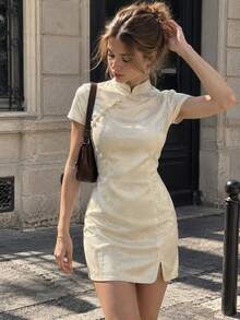 Women's Short Sleeve Floral Jacquard Dress, Chinese Style Fitted Wedding Guest Dress - Beige - View 3