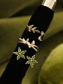 3pcs French Niche Design Green Zirconia Butterfly Ring Set, Vintage Romantic Full Rhinestone Forest Flower Water Drop Open Rings, Suitable For Women Daily Wear And Party, Exquisite Gift For Family And Friends - Olive Green - View 2