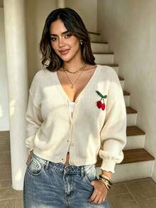 Cardigan Rajut Lengan Panjang Kancing Leher V Motif Ceri Ukuran Plus Kasual - Aprikot - View 6