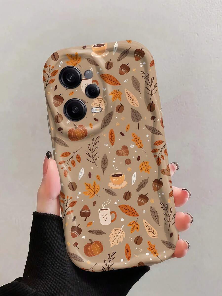 1pc Cream Khaki Background Autumn Fallen Leaves Pumpkin Coffee Print Wavy Edge Phone Case, White Frame Shockproof Soft TPU Protective Cover, Compatible With GALAXY, HONOR, Phones - White - View 1