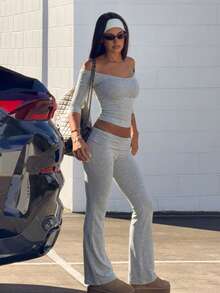 Women's 2 Pieces Casual Set With Round Neck Long Sleeve Top And Flared Waist Long Pants - Gray - View 1