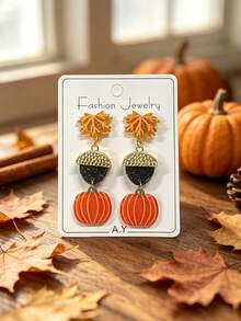 Popular Thanksgiving Halloween Cute Pumpkin Maple Leaf Acorn Earrings Dress Up Accessories Earrings - Pumpkin and Maple Leaves - View 4