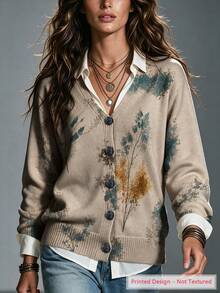 ASHKATIA Women's Plus Size Knit V-Neck Cardigan, Floral Contrast Print Pattern, Skin-Friendly Sweater Top, Bohemian Style, Autumn/Winter - Multicolor - View 5