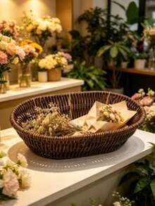 Handmade Woven Fan Shaped Storage Basket, Brown Imitation Rattan Wicker Tray For Bread Fruit Food Serving - Oval - View 7