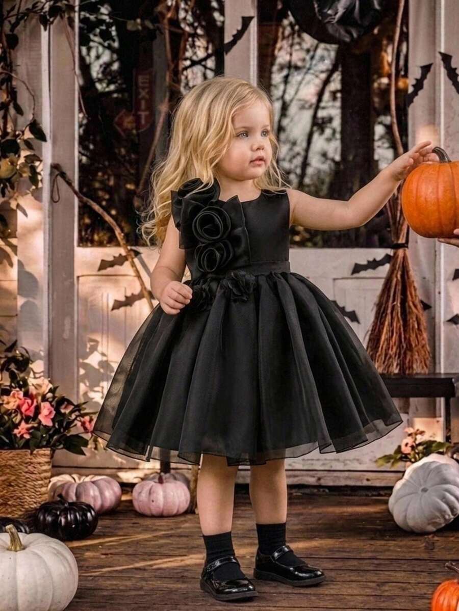 Baby Girls Round Neck 3D Flower Solid Color Organza Cute Birthday Party Puff Princess Dress Suitable For Holidays, Headband Not Included - Black - View 1