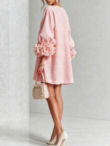 French 3D Floral Lantern Sleeve Dress, Round Neck Frog Button Loose Fit Short Vacation Dress, Autumn/Winter Women's Outfit, Suitable For Wedding Guest Wear - Pink - View 2