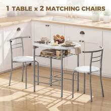 3-Piece Dining Table Set , Metal Frame Wood Top Breakfast Bar Table Set 2, Dining Table/Storage Shelf & 2 Chairs On-Site - White + Engineered Wood - View 4