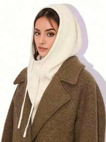 1PC Women's Fashion Scarf Knitted Hood, Beanie Drawstring One-Piece Hat Warm Balaclava Commuter Versatile White - Beige - View 1