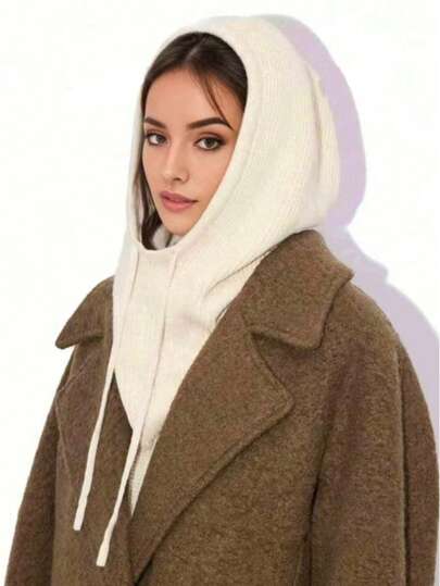 1PC Women's Fashion Scarf Knitted Hood, Beanie Drawstring One-Piece Hat Warm Balaclava Commuter Versatile White