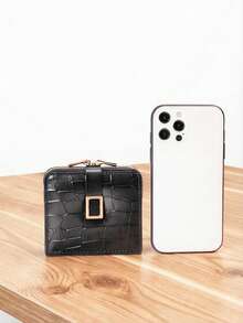 Women's Short Crocodile Pattern Soft PU Snap Button Wallet, Multifunctional Coin Purse & ID Card Holder, Minimalist Lightweight Compact Exquisite Portable, Suitable For Holiday Gift - Black - View 4