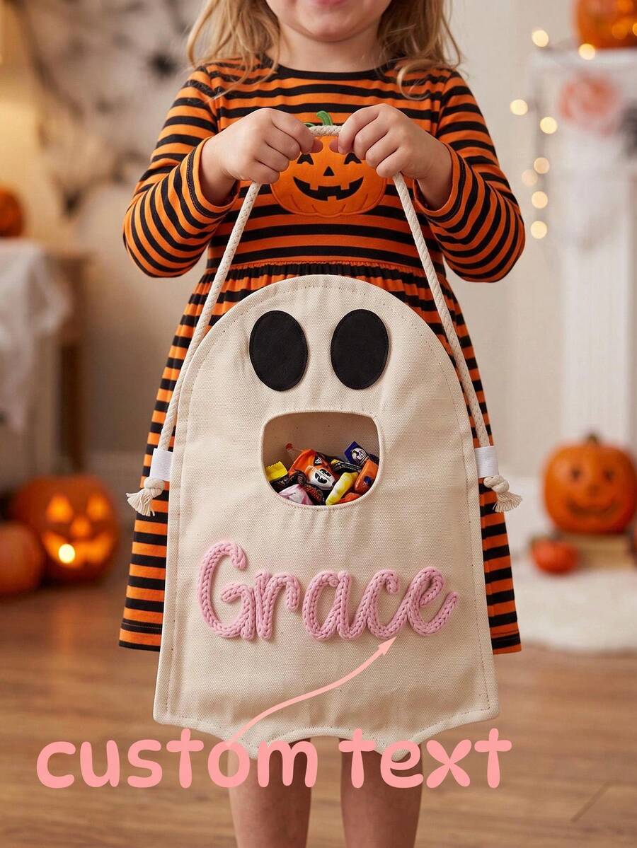Personalized Halloween Candy Bags, Ghost-Themed Halloween Candy Bags, Tote Bags With Customizable Names, Halloween Gifts For Family.
