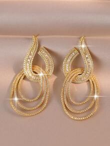 1 Pair Charming Curved Baguette & Multi-Layer Oval Ring Cubic Zirconia Bridal Long Drop Earrings, Suitable For Wedding Ceremony, Banquet, Ball And Gift Giving - Gold - View 8