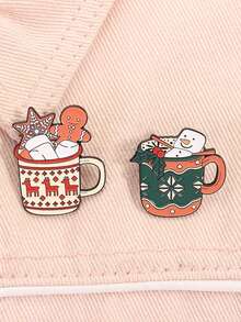 Christmas Snowman & Snowflake Drink Enamel Brooch, Cartoon Badge, Fashion Accessory, Christmas Holiday Gift - Multicolor - View 1