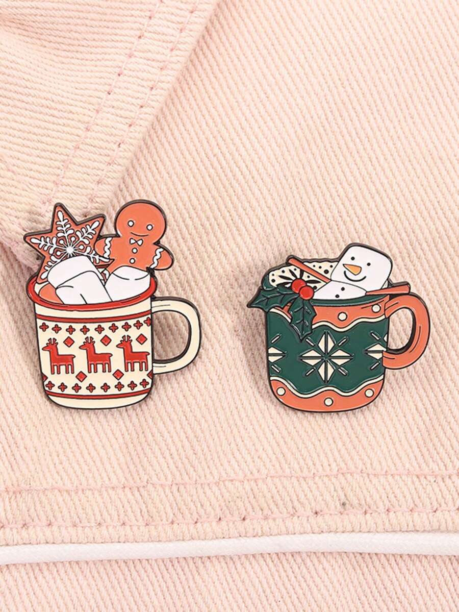 Christmas Snowman & Snowflake Drink Enamel Brooch, Cartoon Badge, Fashion Accessory, Christmas Holiday Gift - Multicolor - View 1