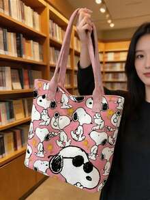 1pc Snoopy Striped Canvas Tote Bag, Large Capacity Shoulder Bag, Cute Multifunctional Handbag, Suitable For Work, Casual, Travel, School, Birthday, Valentine's Day, Mother's Day Gift - A - View 4