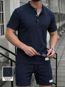 Men's Spring/Summer 3-Button Henley Collar Short Sleeve Shirt And Drawstring Shorts Solid Color Jacquard Casual Vacation Regular Fit 2 Pieces Set, Commute Casual Textured - Royal Blue - View 4
