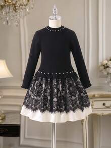 Autumn/Winter Girls' Fashion Elegant Round Neck Beaded Contrast Lace Long Sleeve Dress, Suitable For Parties - Black - View 1