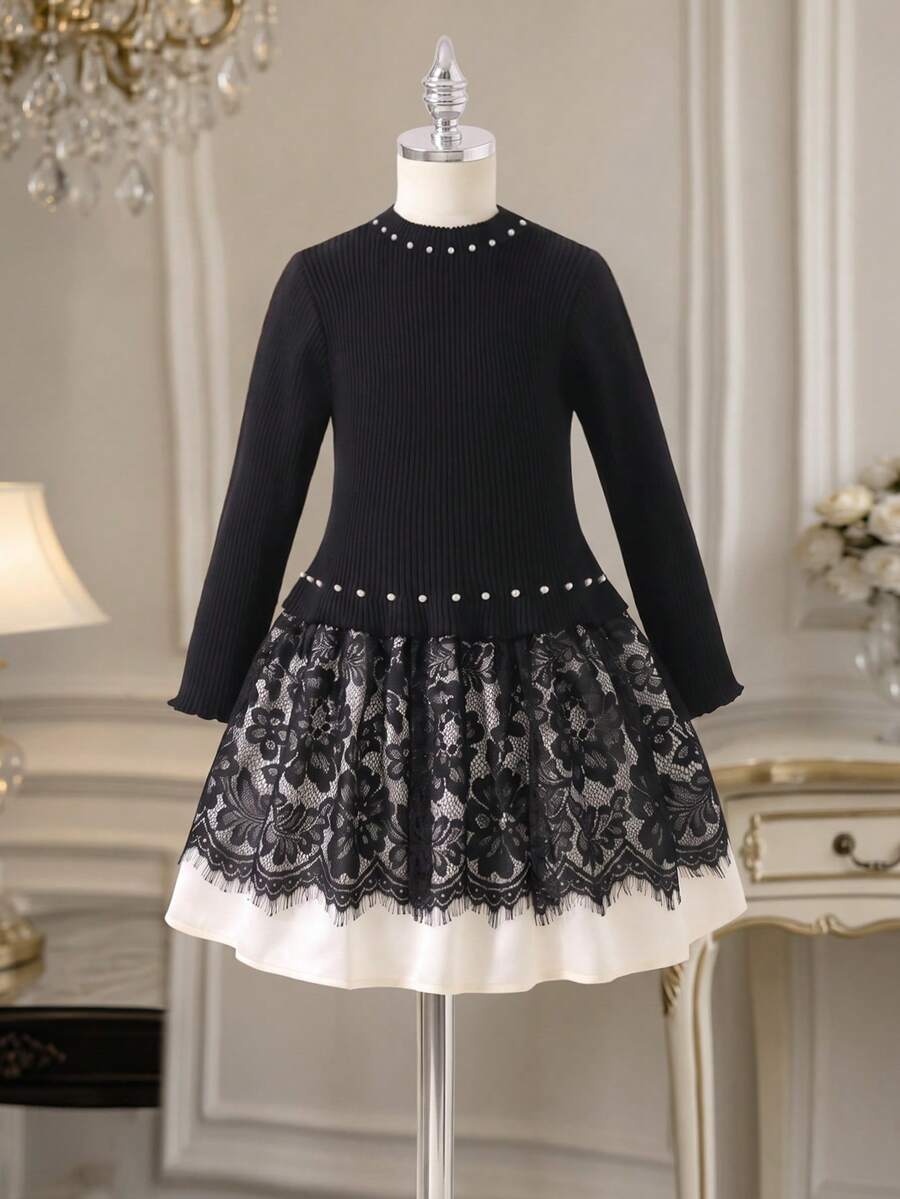 Autumn/Winter Girls' Fashion Elegant Round Neck Beaded Contrast Lace Long Sleeve Dress, Suitable For Parties - Black - View 1