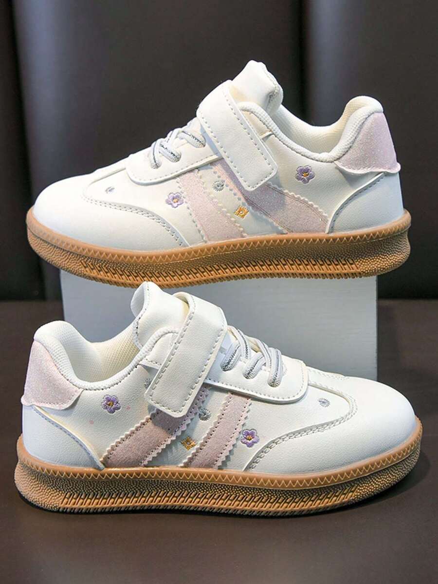 Sweet Style Girls' Sports Sneakers, Pink & White Colorblock Floral Hook & Loop Lightweight Non-Slip Casual Shoes - White - View 1