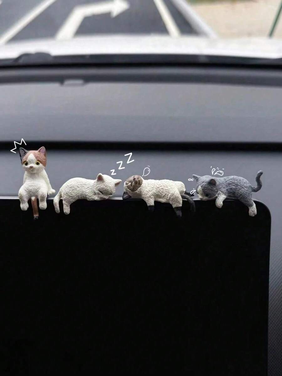 4pcs Resin Sleeping Cat Car Center Console Screen Small Ornaments, Suitable For Car Center Console Display Decoration Ornaments, Car Rearview Mirror Ornaments - Kitten - View 1