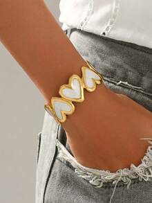 1pc Fashion Ocean Style Stainless Steel 18K Heart-Shaped Open Cuff Bracelet, Versatile And Suitable For Daily Wear - Multicolor - View 3