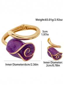 Letingsha Gold-Plated Purple Enamel Rose-Shaped Open Bangle And Adjustable Open Ring Set, Luxury Floral Design Jewelry, Suitable For Women To Wear, Applicable For Weddings, Banquets, Daily Parties And Other Occasions - Purple - View 5