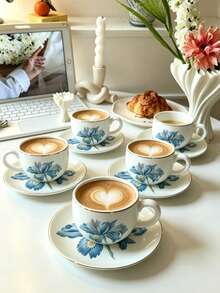 6pcs/1pc Set, 90ml Ceramic Coffee Cup And Saucer, Microwave And Dishwasher . Espresso Cup And Arabic Coffee Cup. Perfect For Afternoon Tea, Cafe, Kitchen And Home Decor; Ideal Gift - Multicolor - View 2